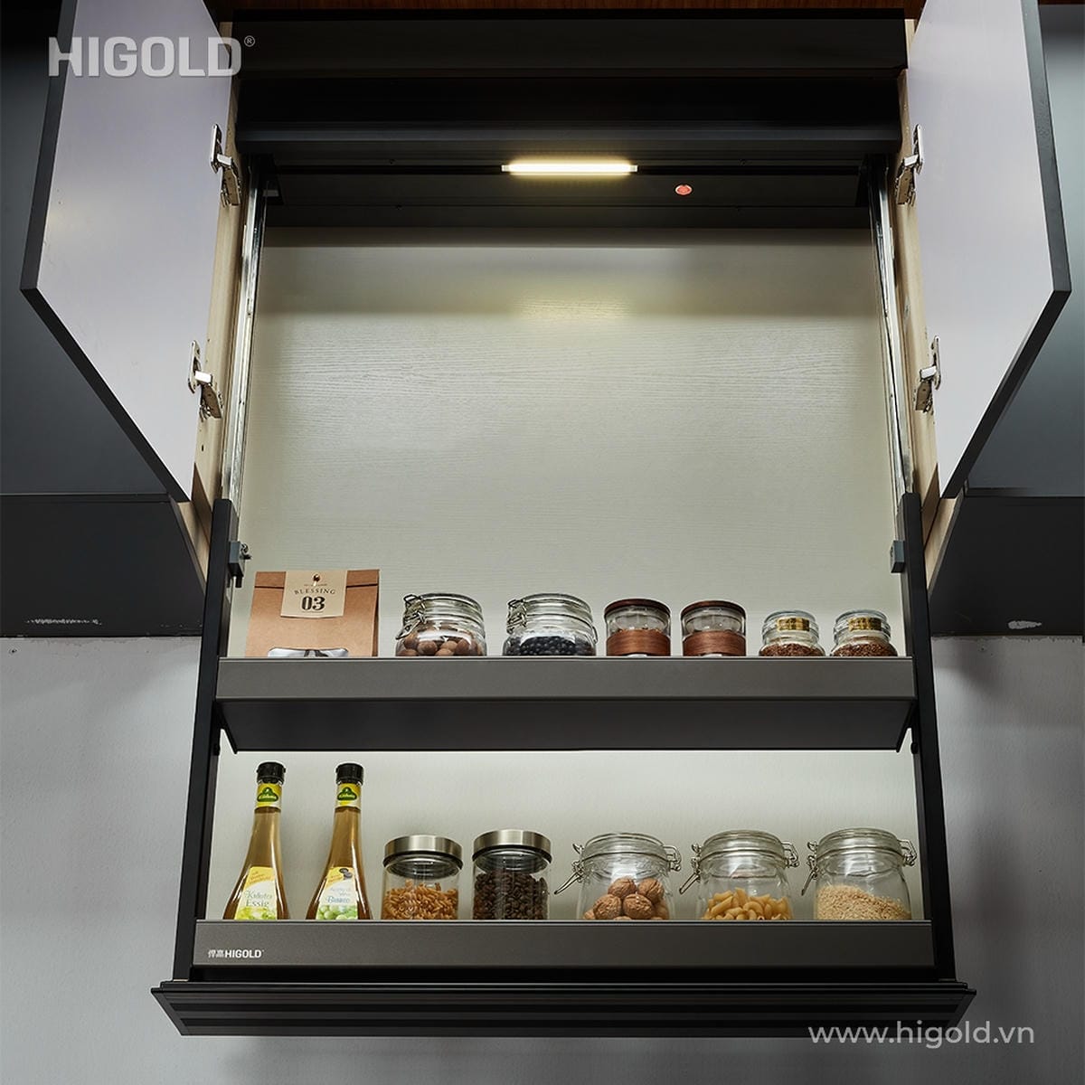 (600-900mm) Giá gia vị nâng hạ điện HiGold, nhôm hộp (Star move)