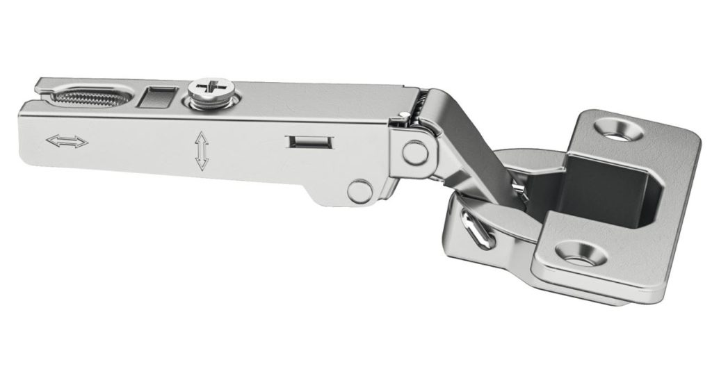 Bản lề thẳng (trùm ngoài) Metalla 310 A 110 độ, không giảm chấn Hafele cửa gỗ 311.88.530 (kèm đế, màu sáng)
