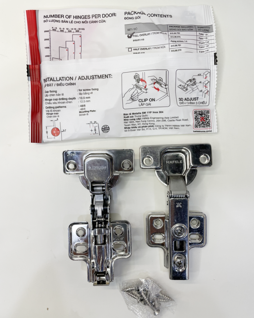 (DIY, 14-22mm) Bản lề tủ HAFELE inox304 Metalla SM 110 độ 315.07.113 (trùm ngoài)