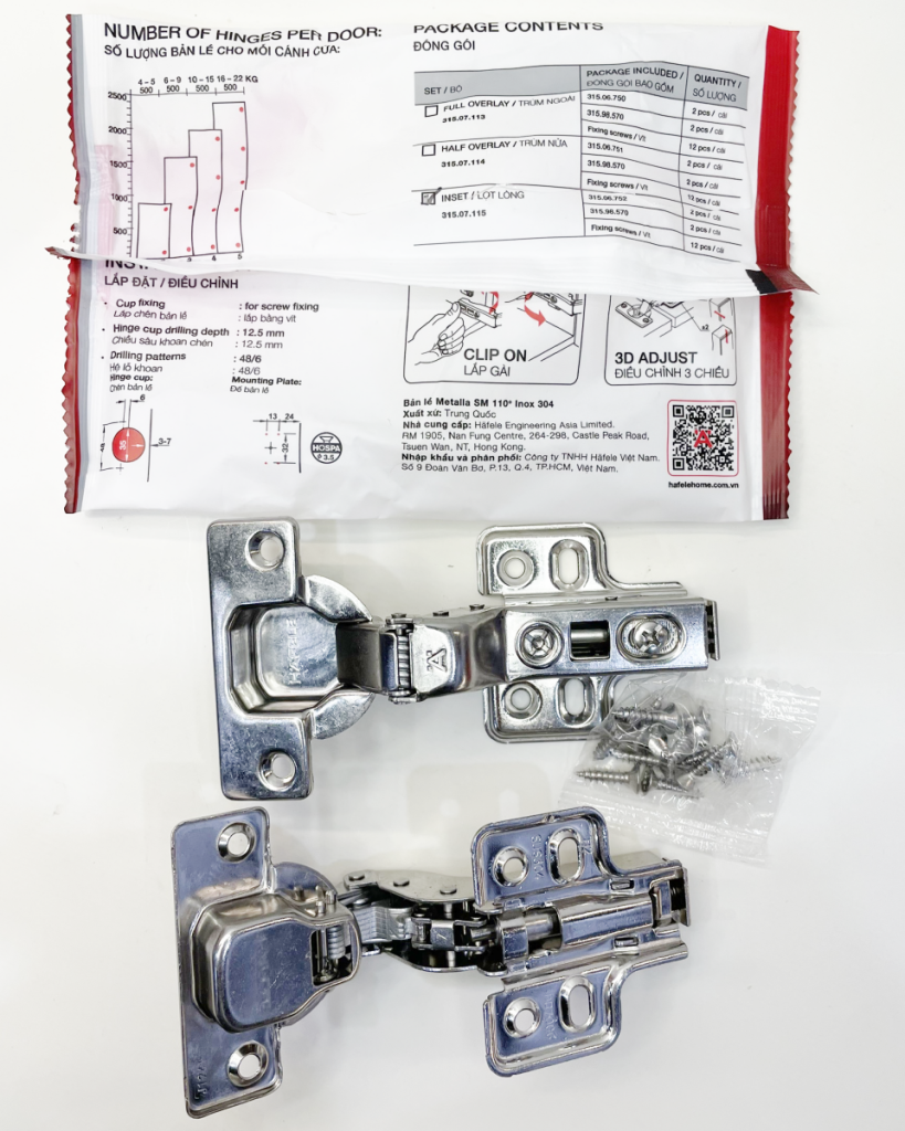 (DIY, 14-22mm) Bản lề tủ HAFELE inox304 Metalla SM 110 độ 315.07.115 (lọt lòng)