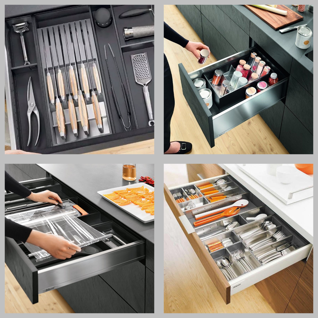 Phụ kiện làm bếp Blum gồm các phụ kiện nhỏ phục vụ nhu cầu lưu trữ, sắp xếp tủ bếp