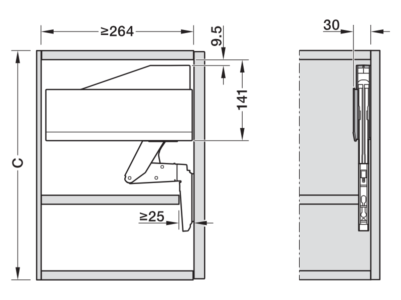 Mỗi tay nâng Blum AVENTOS HS top được trang bị hai hộp cung cấp lực đẩy cánh tủ 