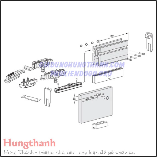 Bộ phụ kiện kẹp cho cửa kính trượt 100kg Hafele, kính 10mm 940.60.023