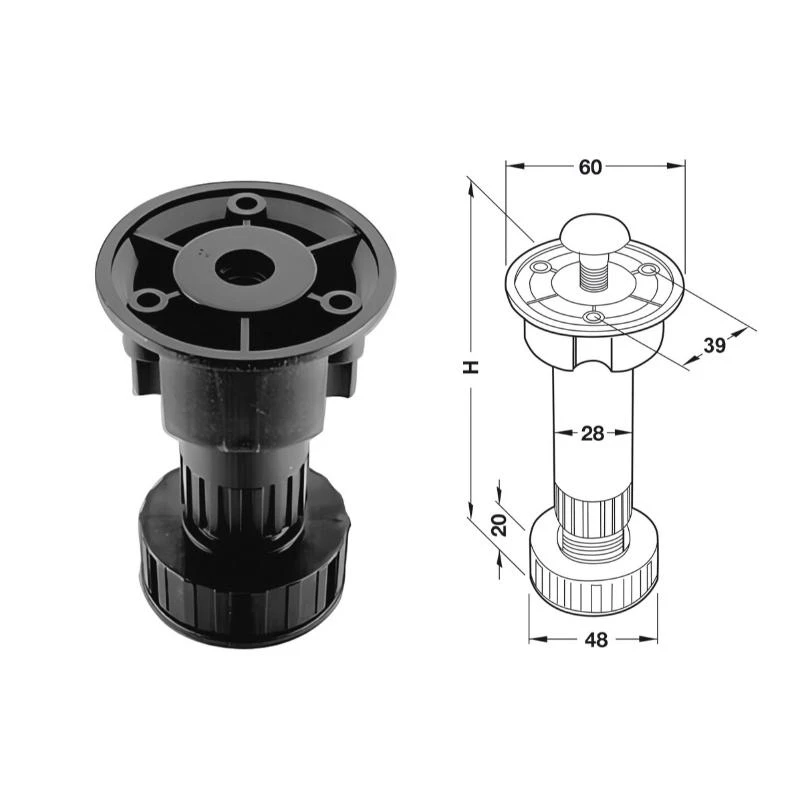 (80/100mm) Chân nhựa đen HAFELE 637.45.308 637.45.326 (160kg)
