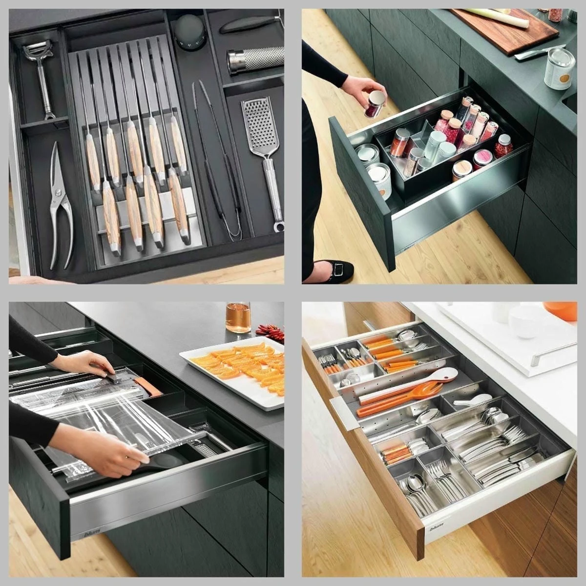 Phụ kiện làm bếp Blum gồm các phụ kiện nhỏ phục vụ nhu cầu lưu trữ, sắp xếp tủ bếp