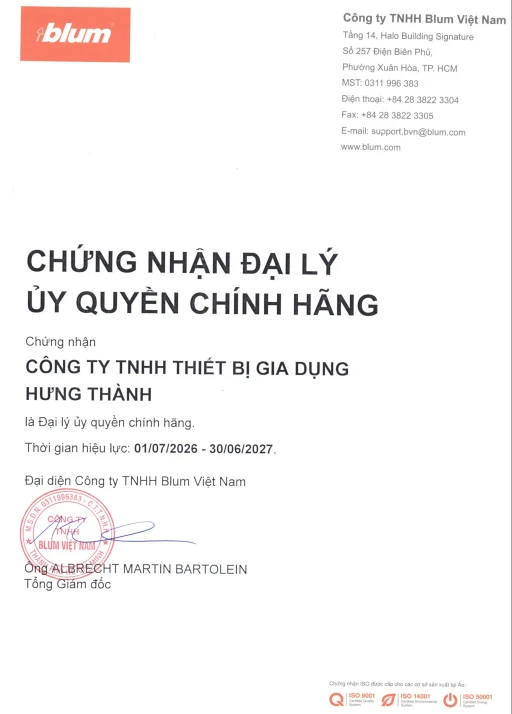 2027-2026 Chứng nhận ĐL uỷ quyền chính hãng Blum